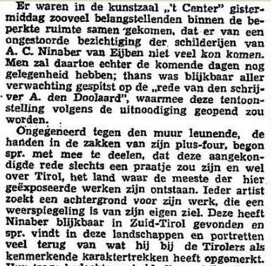 Verslag lezing A. den Doolaard in 1934 bij tentoonstelling schilderijen Ninaber van Eijben