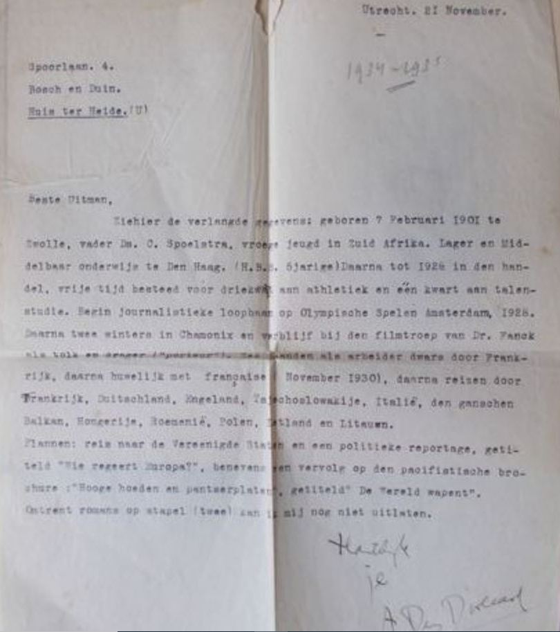 Brief van A. den Doolaard met biografische gegevens