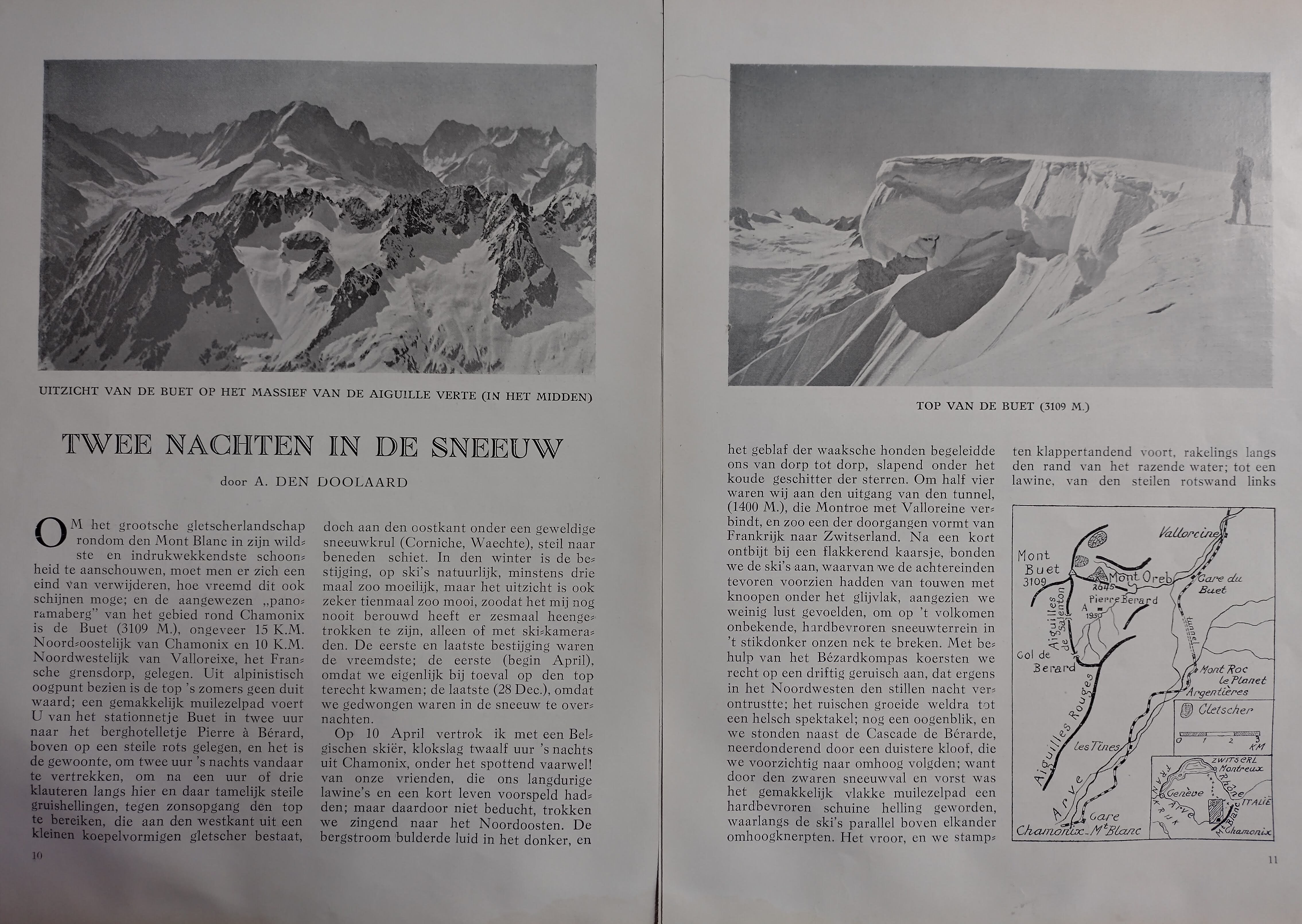 Eerste twee pagina's van het artikel Twee nachten in de sneeuw van A. den Doolaard, geïllustreerd met foto's van besneeuwde bergen en een overzichtskaartje.