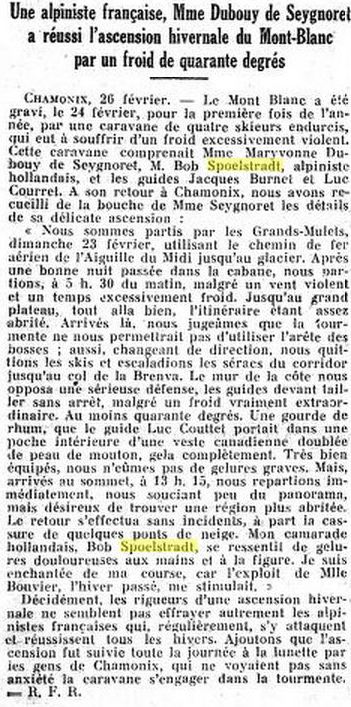 Krantenartikel Le Figaro over winterbestijging Mont Blanc 27 februari 1930