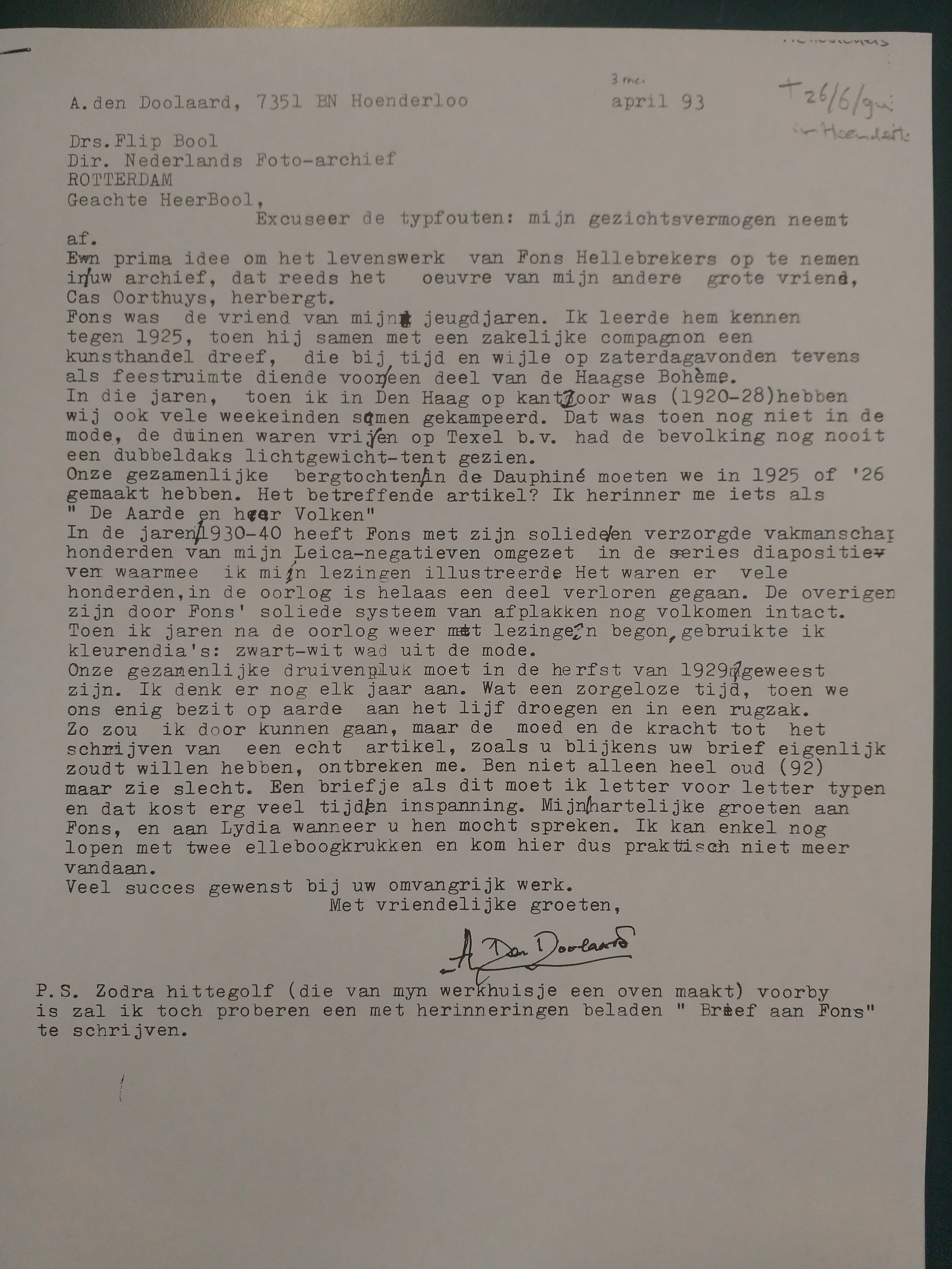Brief uit 1993 van A. den Doolaard over zijn vriendschap met Fons Hellebrekers
