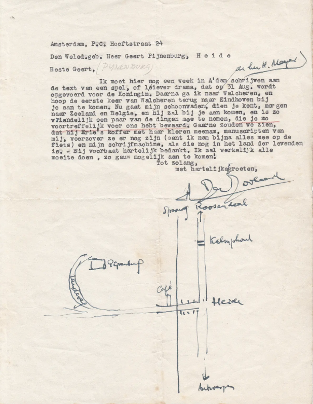 Brief uit 1945 van A. den Doolaard aan Geert Pijnenburg met getekende schets van het adres