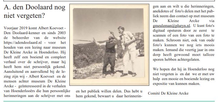 artikel uit krant De Nieuwe Plaggensteker met vraag naar herinneringen aan A. den Doolaard