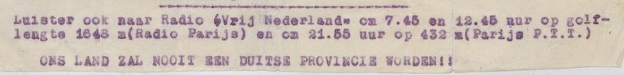 Oproep om naar Radio Vrij Nederland te luisteren in de Geuzenactie van 3 juni 1940