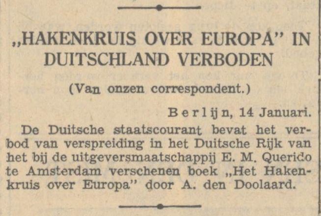 Krantenbericht met verbod op verspreiding boek Het hakenkruis over Europa in het Duitse rijk