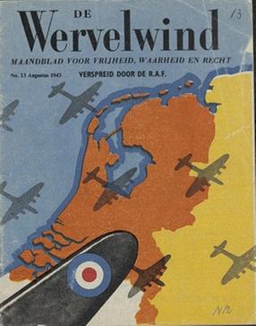 Voorkant van het blad De Wervelwind, augustus 1943, "maandblad voor vrijheid, waarheid en recht. Verspreid door de R.A.F." met een gestileerde kaart van Nederland met viermotorige bommenwerpers die over Nederland richting Duitsland vliegen.