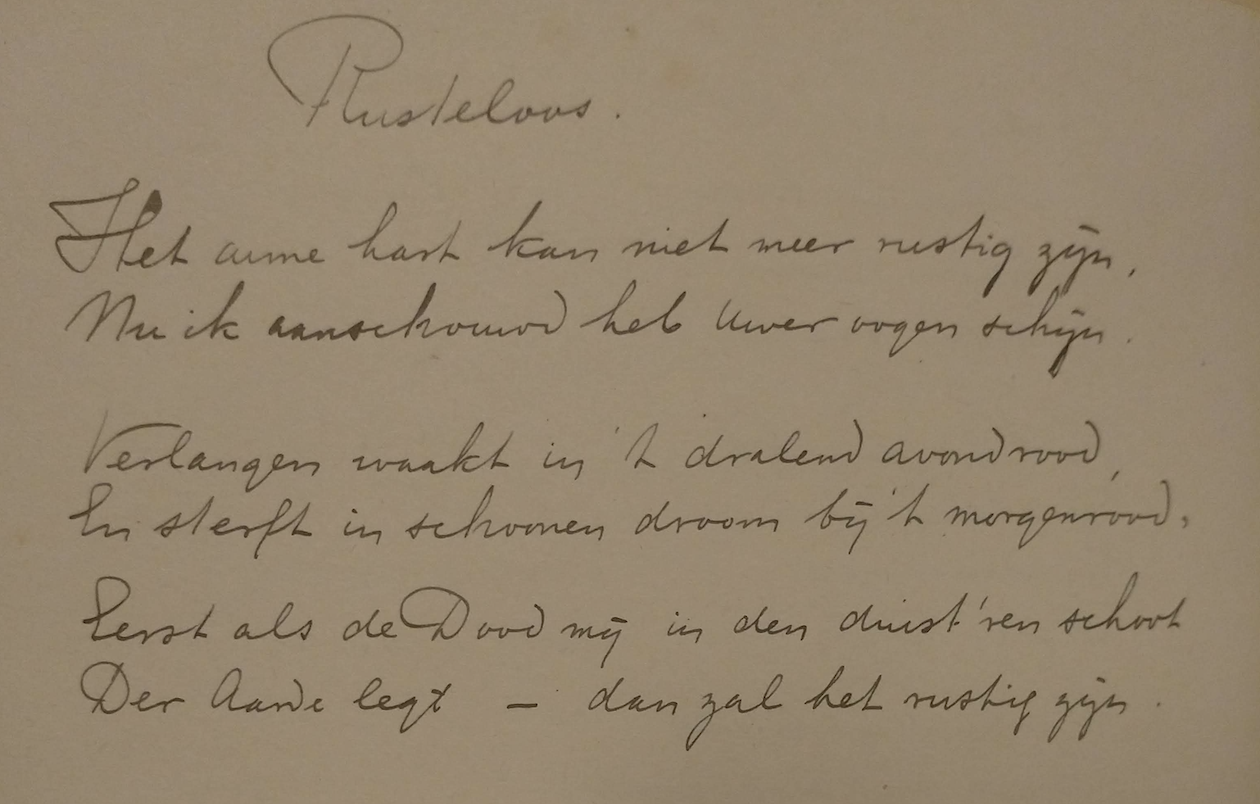 Handschrift van een nog jonge A. den Doolaard van het gedicht 'Rusteloos'