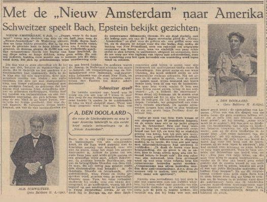 Krantenartikel uit 1949 van A. den Doolaard over zijn ontmoeting met Albert Schweitzer