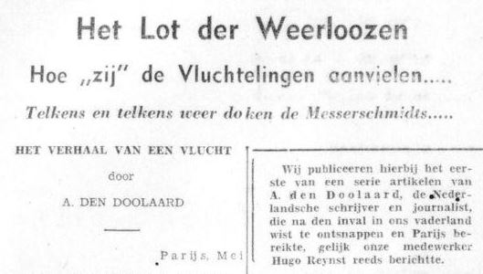 Kop krantenartikel over vlucht in meidagen 1940