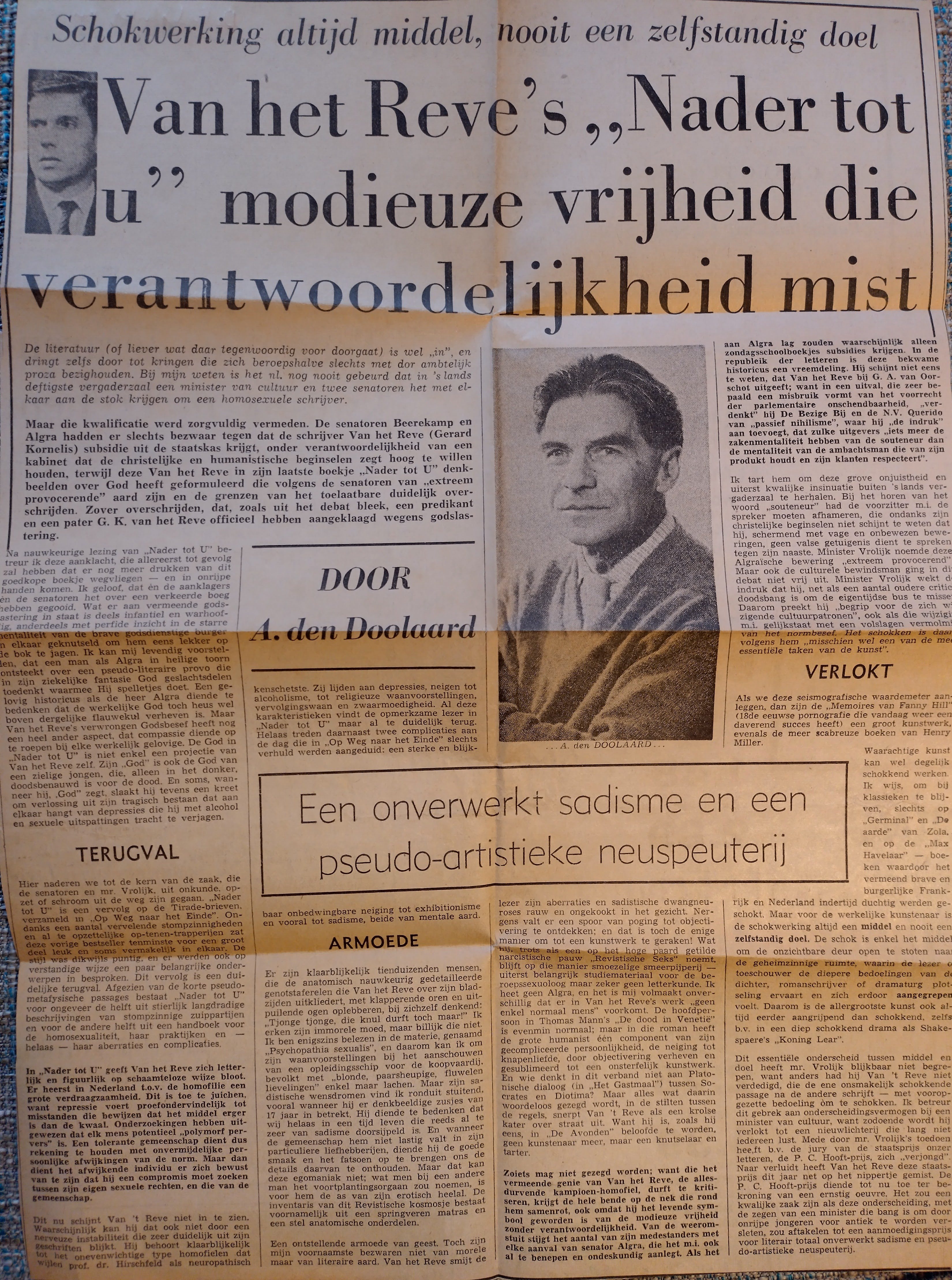 Krantenartikel door A. den Doolaard over ‘Nader tot u’ van Gerard (Van het) Reve